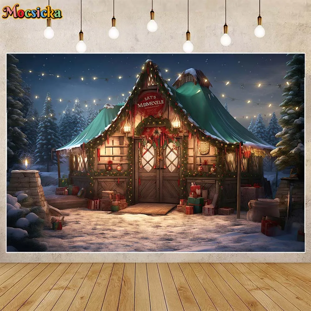 

Mocsicka Winter Christmas Background Snow Forest Xmas Cabin Lights Family Portrait Photography Backdrop Photo Studio Shoot Props