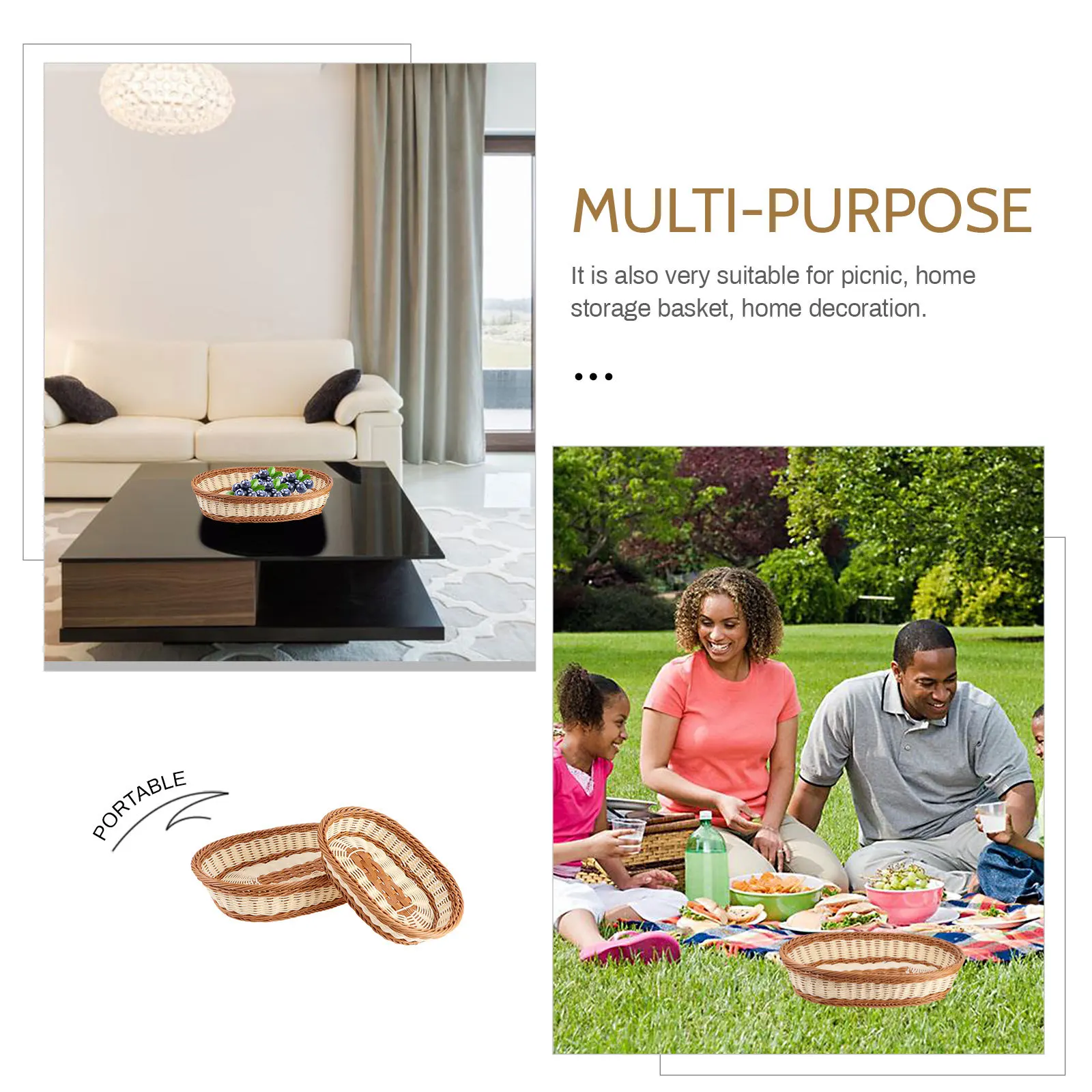 

2Pcs Woven Basket Creative Storage Organizer Handmade Multi- Hotel Picnic Fruit Snack Decorative Container