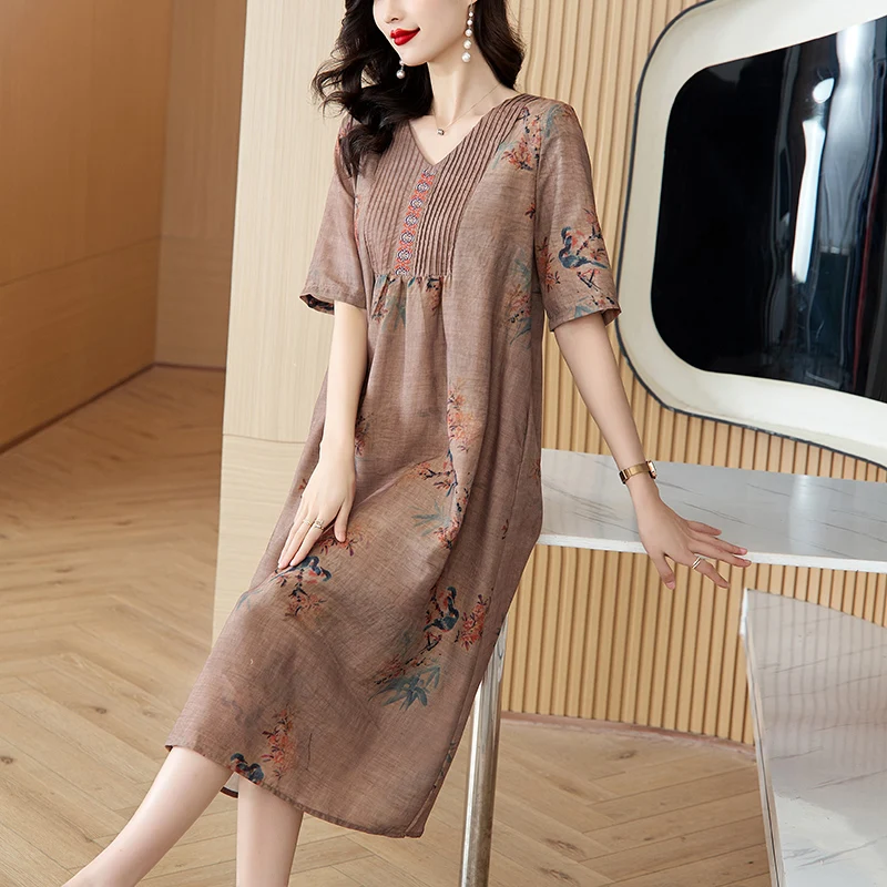 2024 New Women's Chinese Style V-neck Embroidered Loose Skirt Large Loose Tight Dress Casual Elegant Party Dress Vestidos