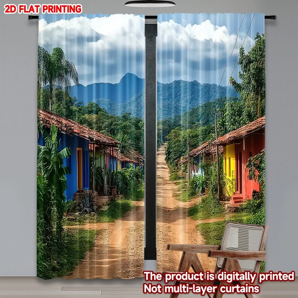 

2D flat printing 2pcs Party Curtain Colorful Village Road Digital Printed Polyester Drapes All Season Party & Holiday Decor
