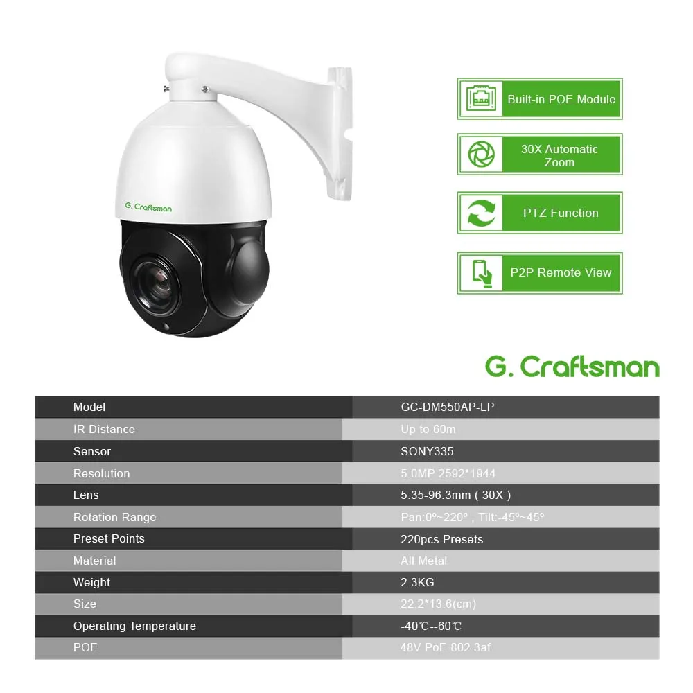 Top 5.0MP POE 30X PTZ Dome IP Camera Outdoor SONY335 5.35-96.3mm Optical Zoom IR 60M CCTV Security Waterproof G.Craftsman