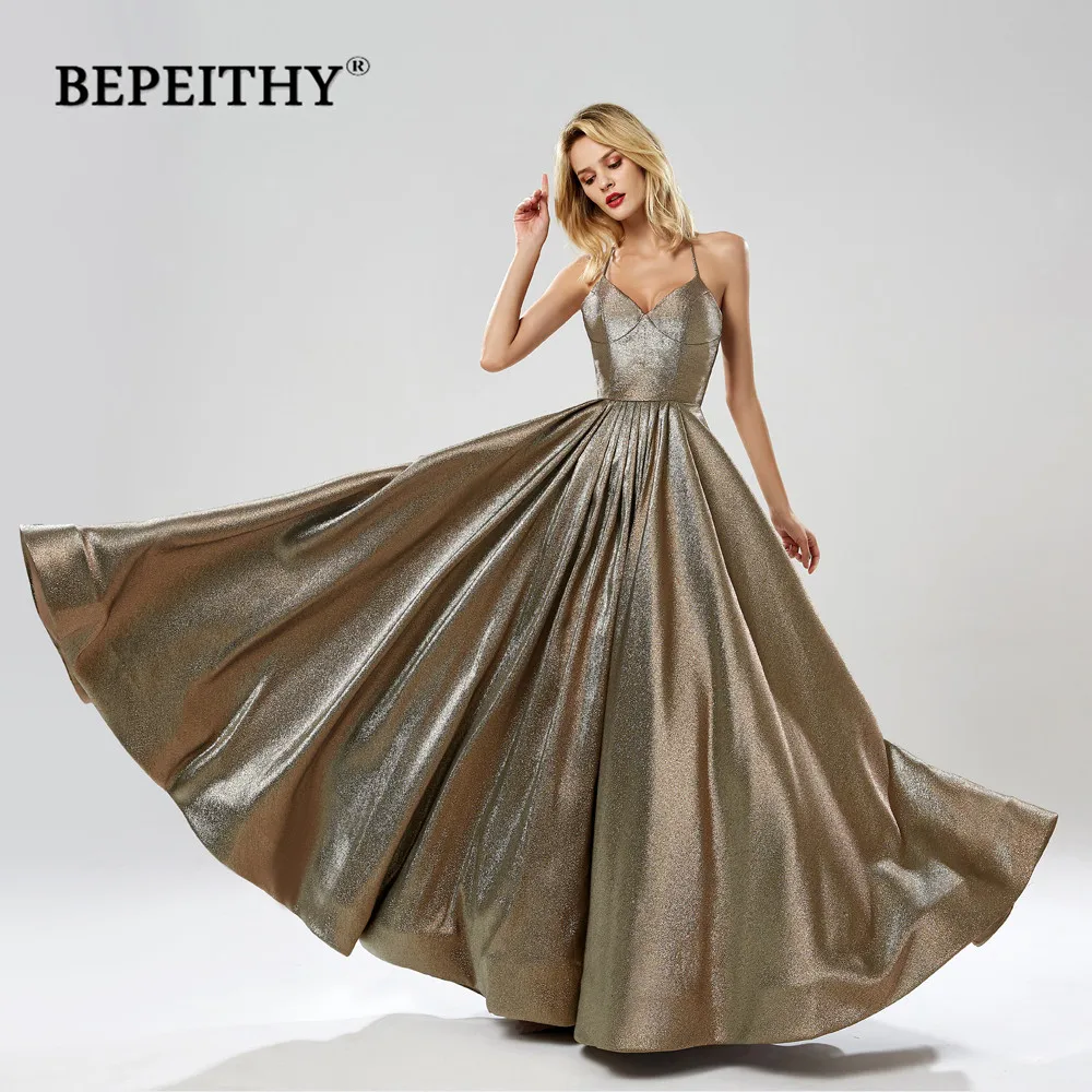 BEPEITHY Customized Sexy Backless Long Prom Dresses Robe De Soiree V Neck Glitter Fabric Evening Party Gown A Line Floor Length