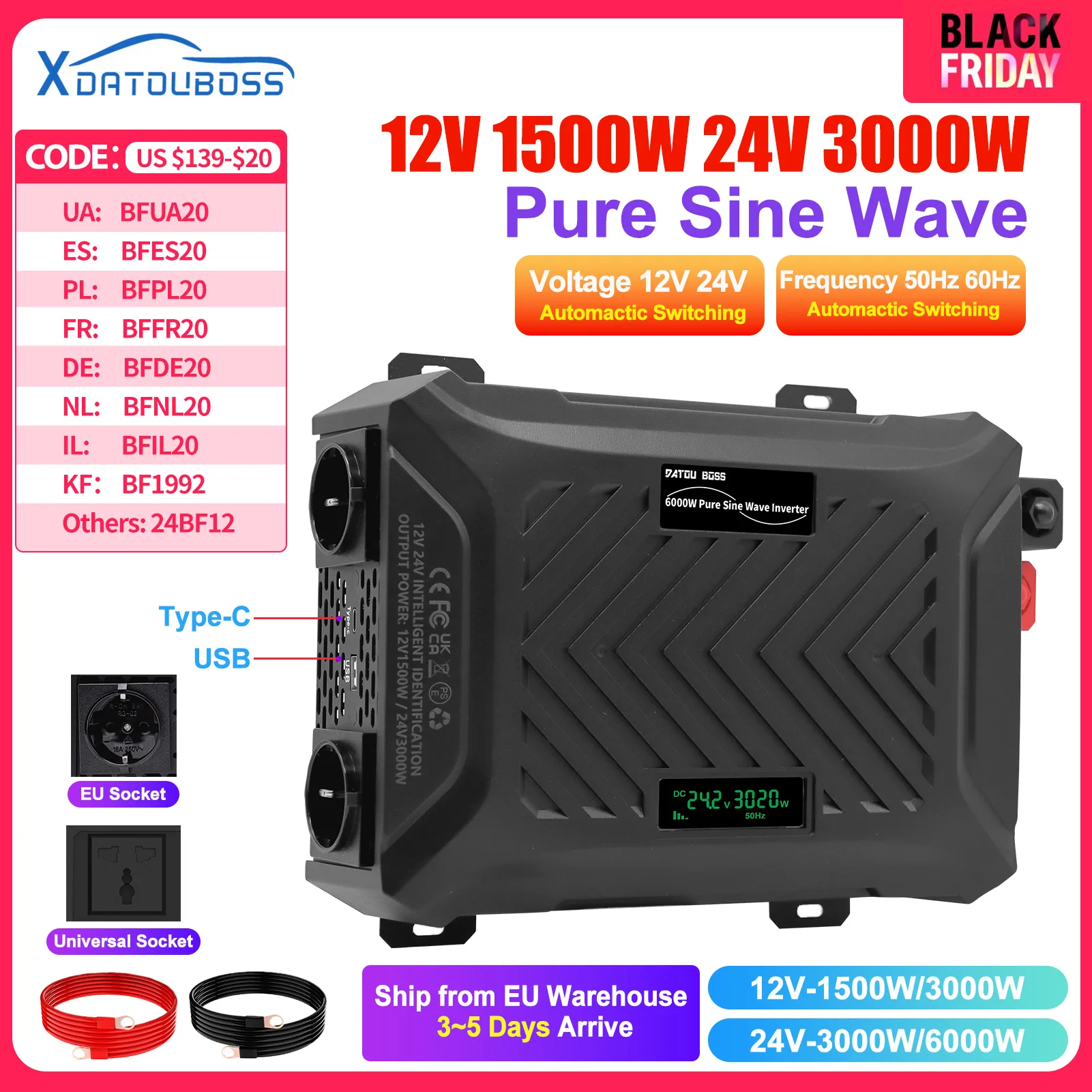 Datou Boss 12V-1500W 24-3000W Auto Switching Inverter Pure Sine Wave 50Hz or 60Hz Adjustable  With Cables 220Vac Output Inverter