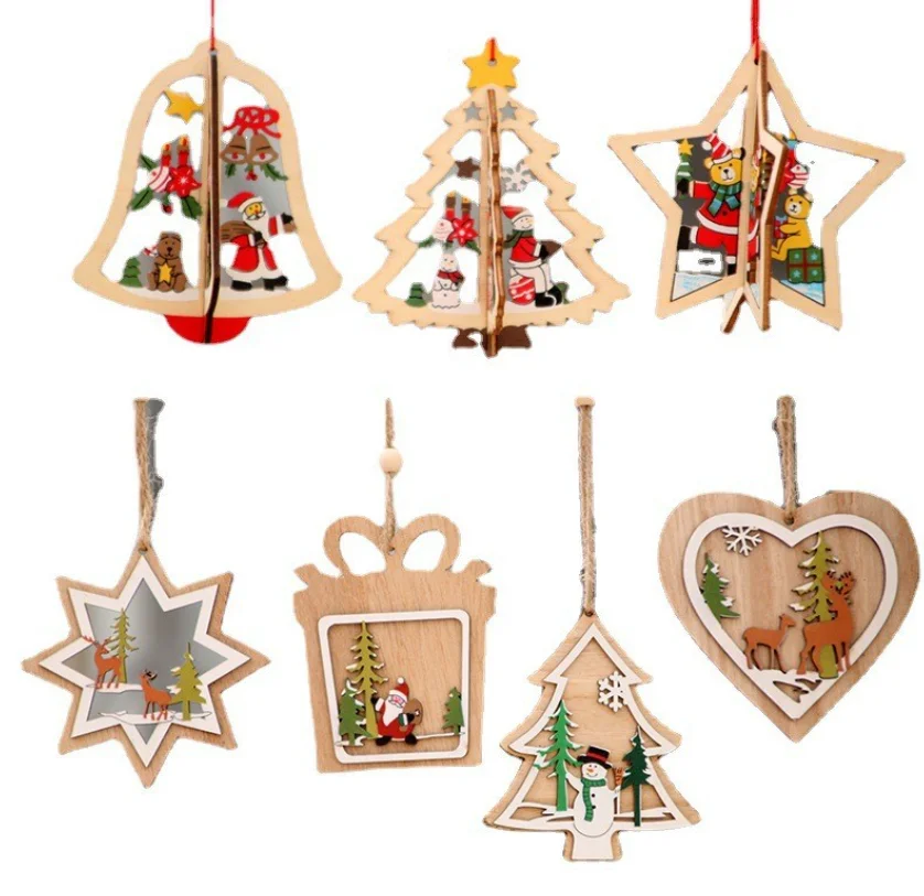 

50pcs Xmas Wooden Hanging Ornaments 3D Wood Pendants for Christmas Tree Holiday Decoration Bell Gift Box Santa Snowman