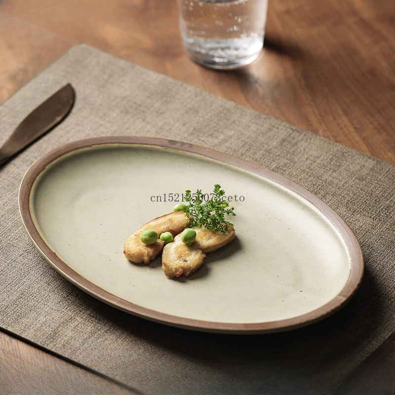 10/12 inch Japanese oval ceramic plate home steaming fish plate coarse ceramic tableware creative large handmade dining plate