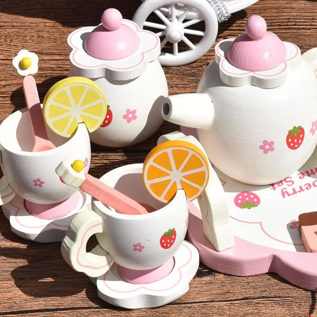 Pretend Play Wooden Tea Set, Include Kettle, Cups, Dishes, Cute Strawberry Painted, Non-, Toy, Development