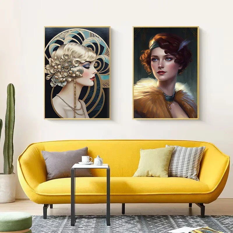 Vintage Art Decor Woman Portrait Flapper Girl Illustration 1920s Poster Canvas Painting Wall Pictures Home Interior Party Decor