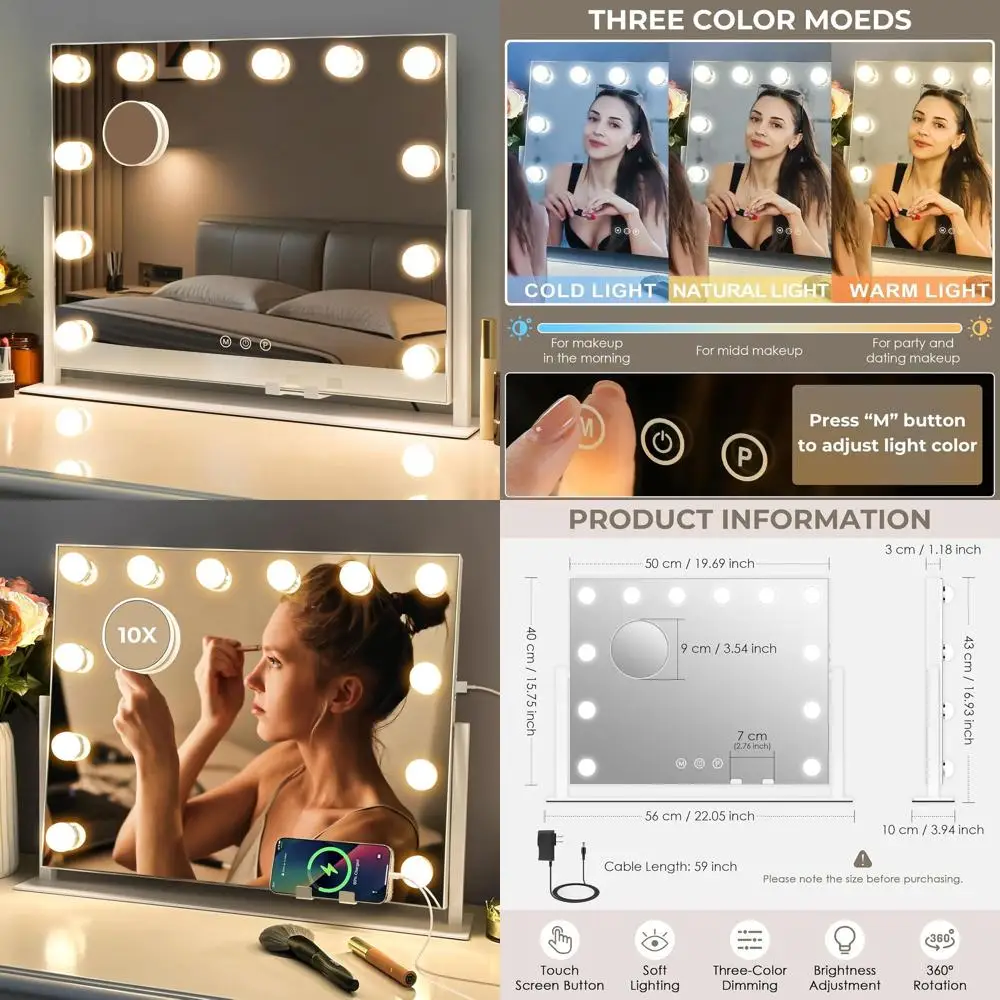 

Косметическое зеркало с подсветкой и 12 регулируемыми светодиодами, 3 режима освещения, тонкий металлический каркас, питание от переменного тока, белое