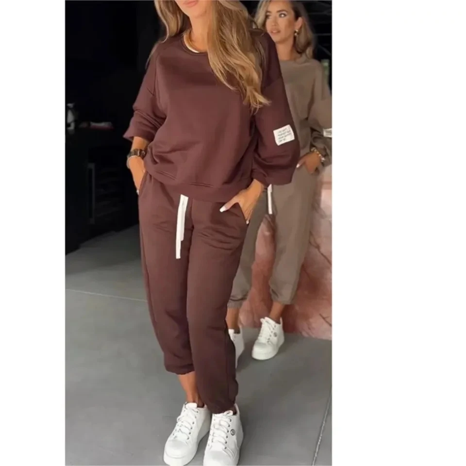 

Autumn Casual T-shirt Long-sleeved Women's Long Pants 2piece Set Fashion Small Leg Long Pants Pocket Sport Long Pants Female Set