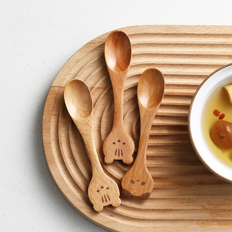 [MOA]Creative Wooden Cartoon Spoon Small Wooden Spoon Honey Spoon Smooth Wooden Teaspoon Coffee Oval Wooden Spoon[MOA]