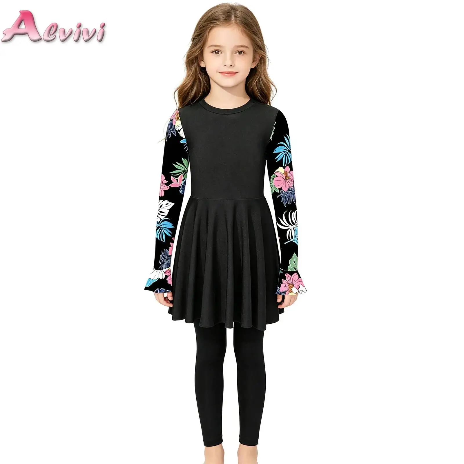 Kids Girls 3Pcs/2Pcs Swimsuit Bathing Suit Long Sleeve Swim Dress with Leggings/Shorts for Beach Pool Swimming Bathers Beachwear