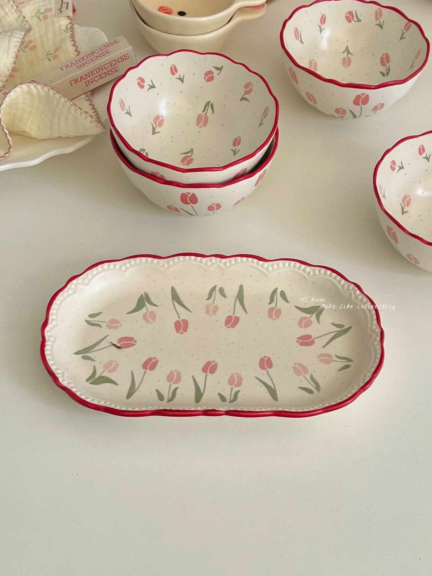 INS Cute Pink Tulip Red Edge Pitted Ceramic Rice Bowl Household Dessert Plate One Person Dinner