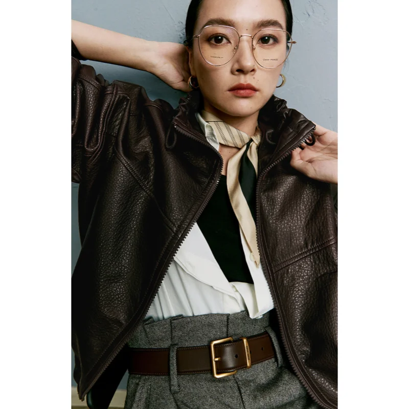 เสื้อแจ็คเก็ตหนังแกะทรงสั้นแบบมีปกตั้งสูงสำหรับผู้หญิง สไตล์มอเตอร์ไซค์ เงางาม แฟชั่นใหม่ เสื้อคลุมสำหรับสุภาพสตรี