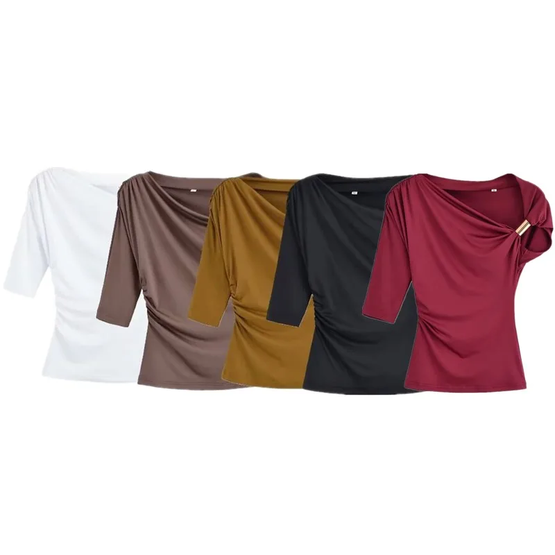 Wiosna 2025 Damska Moda Nowości Jednolity Kolor Nylon Asymetryczny Prosty Top Do Pracy Letni Regularny Krój T-shirt