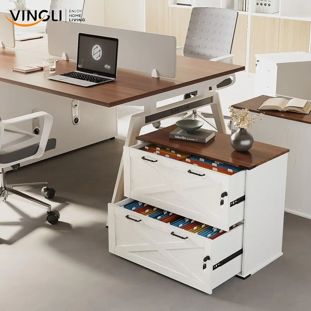 Wooden Lateral Filing Cabinet with Lock, Home Office Storage for Letter and Legal A4 Size Files, Rustic White & Brown