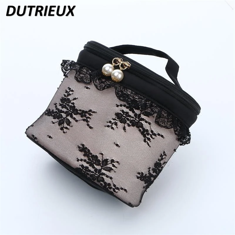 2024 New Make Up Case Sweet Cute Black Lace Portable Women\'s Cosmetic Bag Barrel Lace Pearl Decoration Medium Makeup Cases