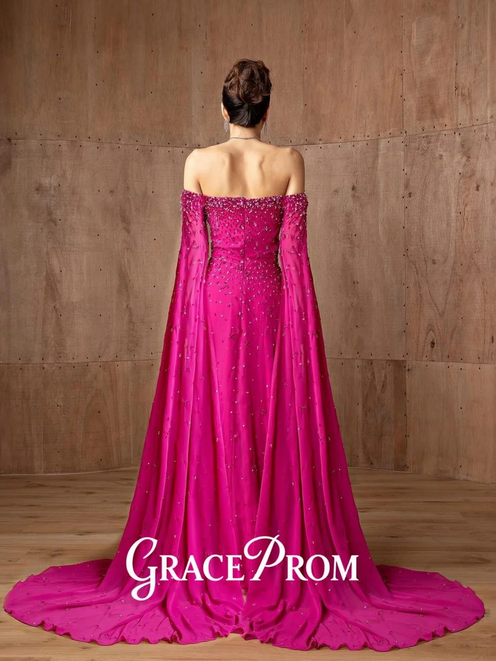 فستان سهرة من الشيفون المطرز باللون الفوشيا بدون أكتاف من GraceProm مع أكمام كيب فستان سادة أحمر ممتاز أنيق بطول الأرض للحفلات