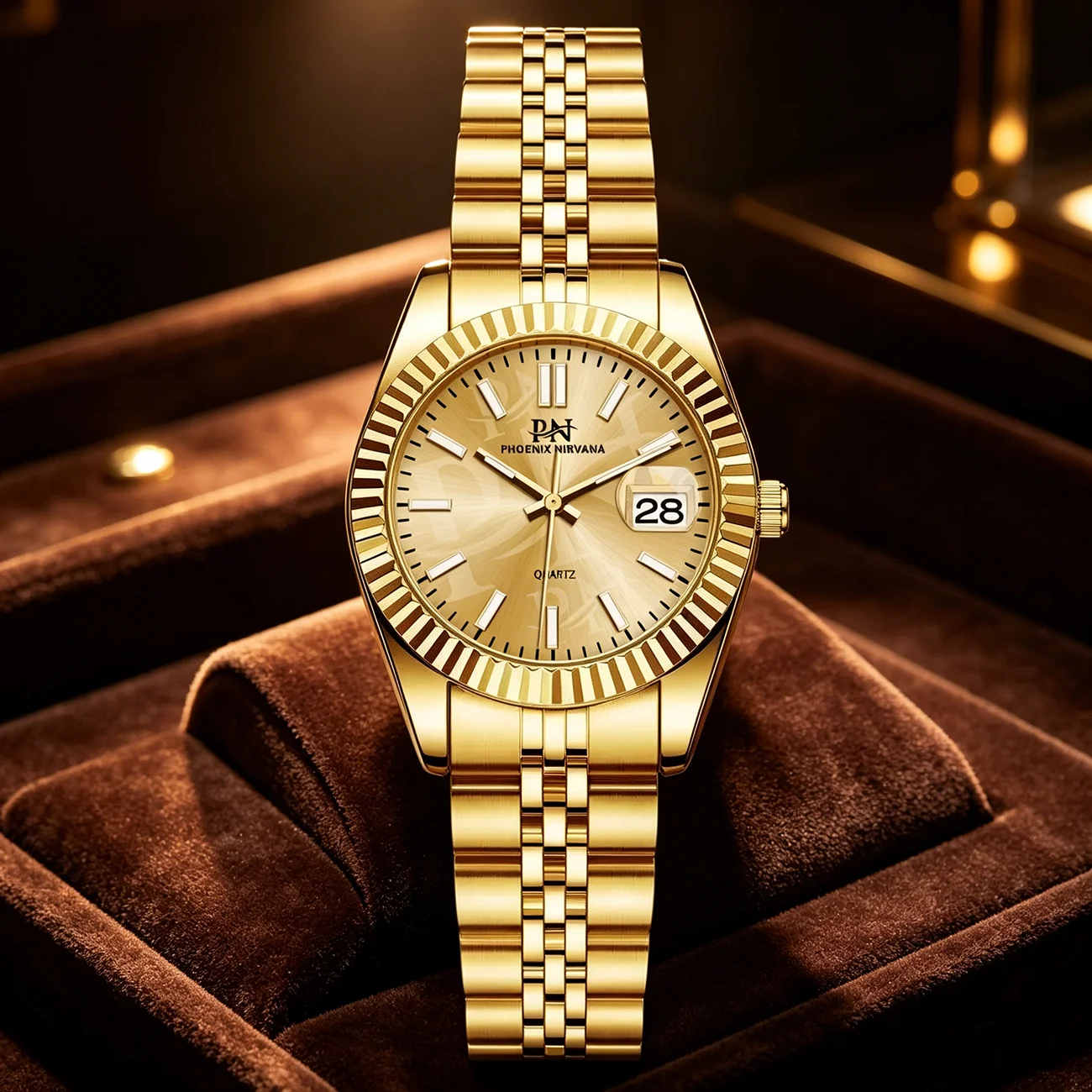 PN Luxury Waterproof Ladies Quartz Watch Large Dial Classic Stainless Steel Band with Date Display