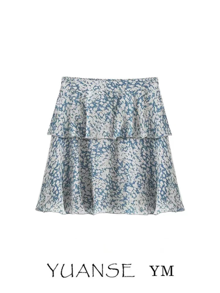 Blue Floral High Waist A-Line  Skirt Women's Summer Fashion Youthful Drapey Elegant Skirts for Young Ladies