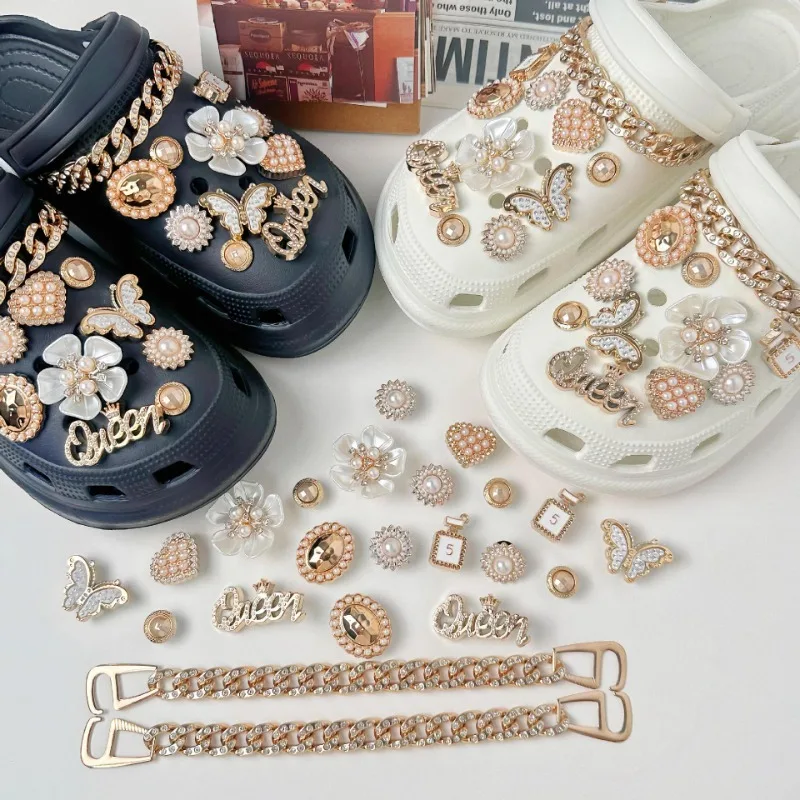 

22PCS Fashion Shoe Charms Set Accessories Hole Shoe Buckle Luxury Design Gold Chain Flower DIY 3D Shoes Decorations
