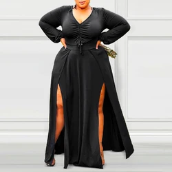 1XL-5XL Plus Size Dresses for Women 2024 Long Sleeve Sexy Split Chic Elegant Oversize Dress Female Black Party Evening Dresses