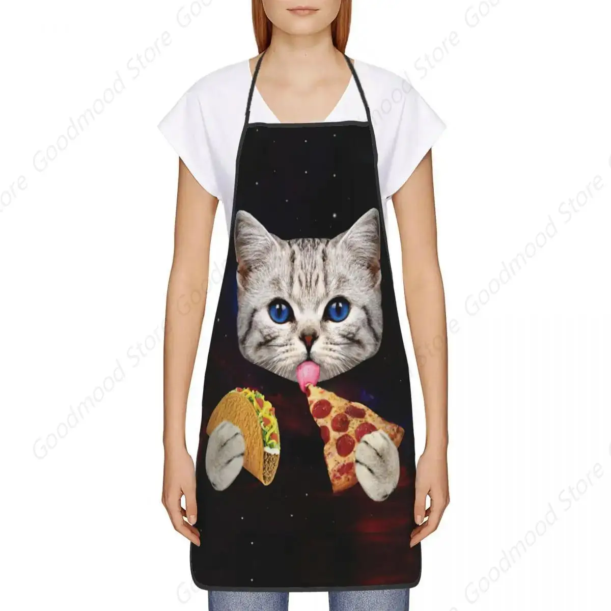 Starry Cat Eat Pizza Funny Apron Women Men Galaxy Kitten Adult Unisex Kitchen Chef Cuisine Cooking Baking Gardening