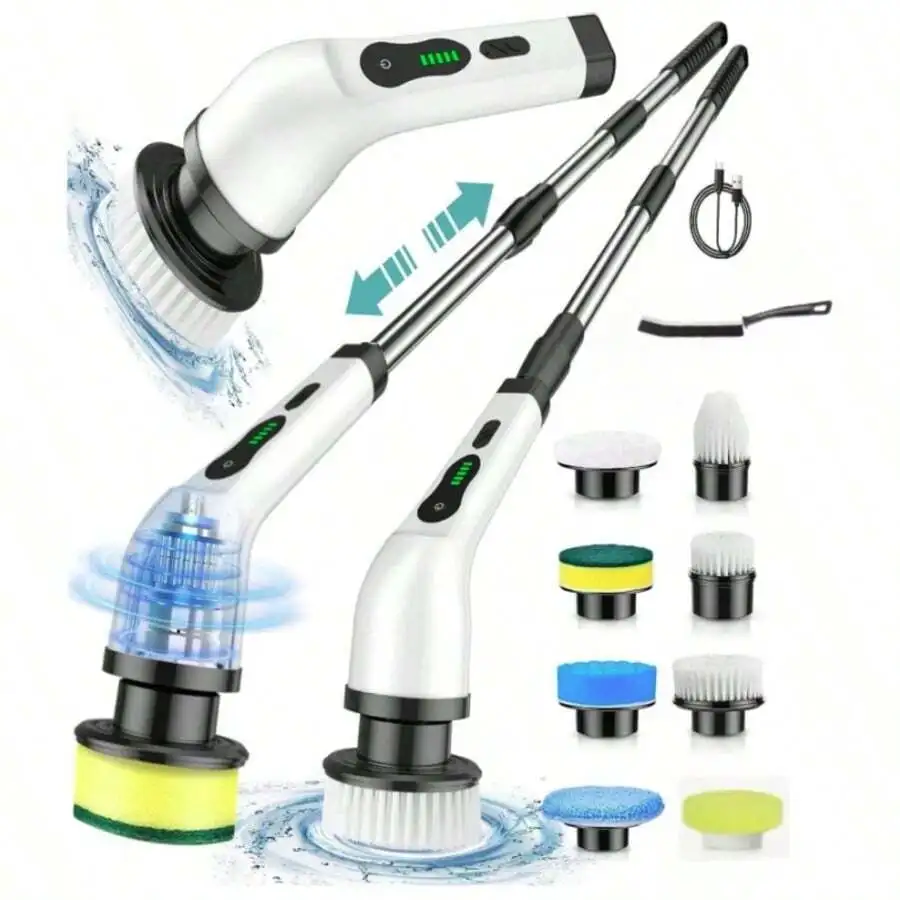 

9-In-1 Cordless Electric Rotating Cleaning Brush With Adjustable Telescopic Handle And Replaceable Heads