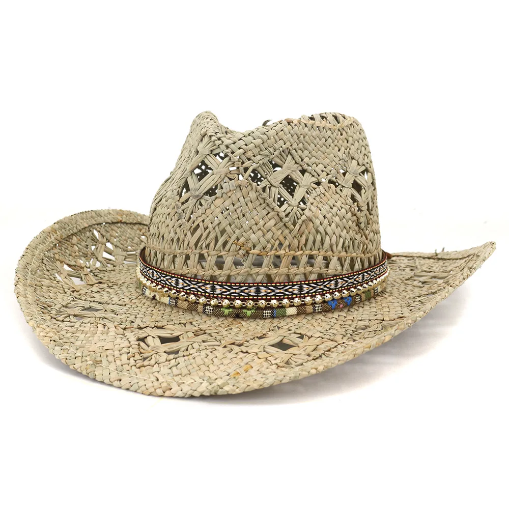 Natural Grass Handwoven Hollow Cowboy Straw Hat Rhinestone Chain Cowboy Hat for Woman Outdoor Vacation Beach Sun Hat for man