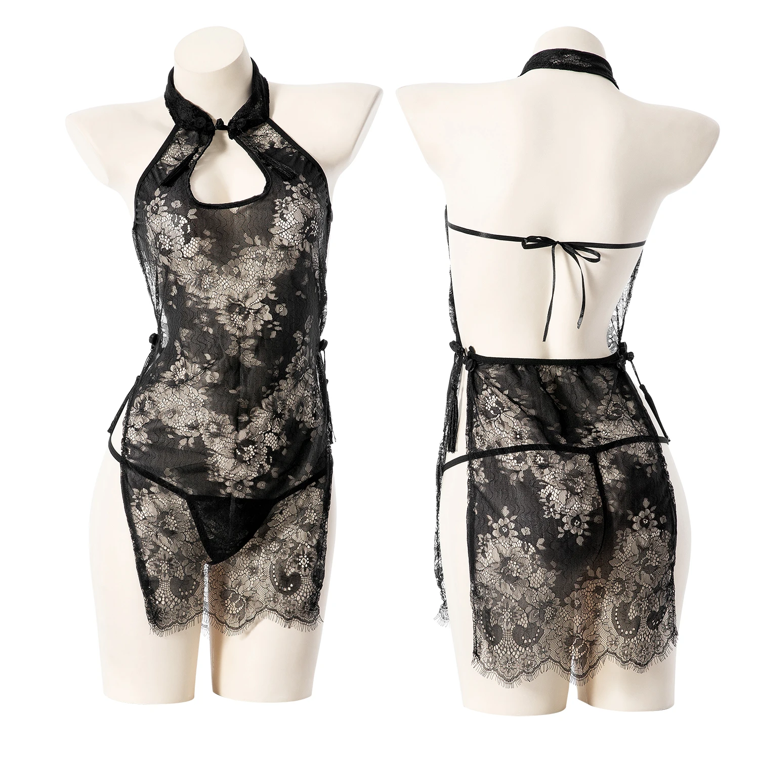 Sexy Lace Invitation Qipao Underwear Set Large Size Strap See-through Passion Sleepwear Uniform Attraction Excitement Innerwear