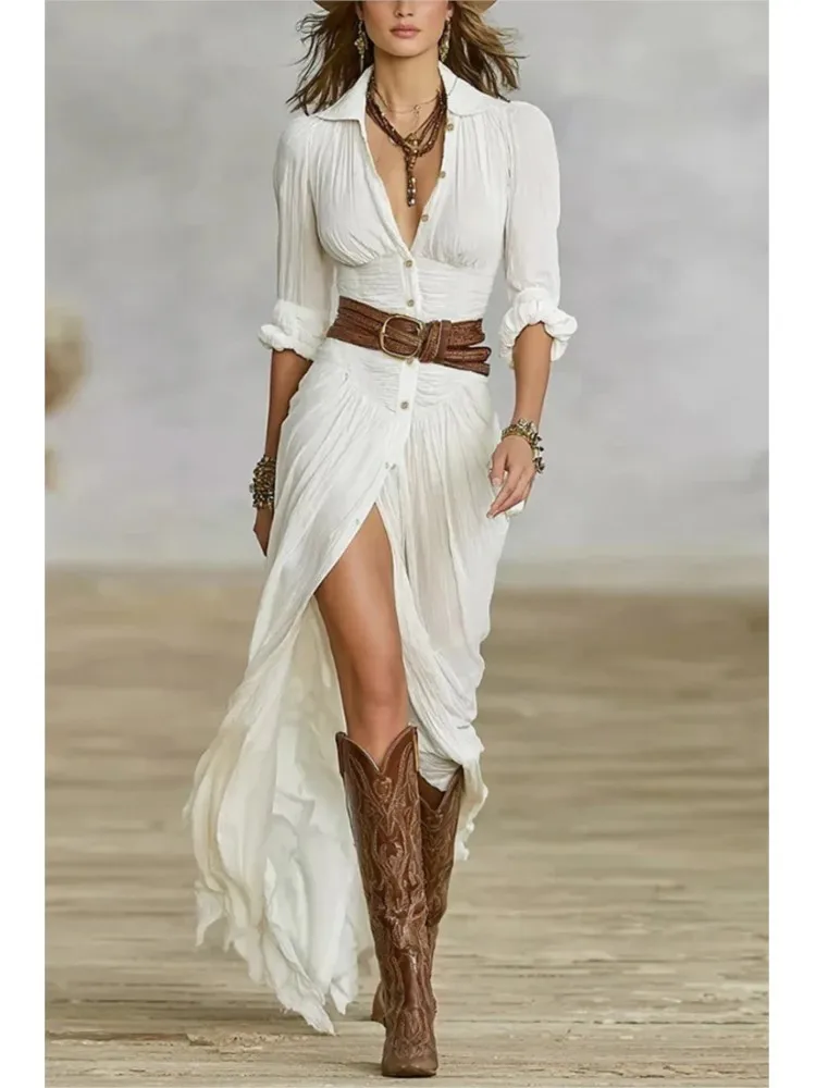 المرأة الجديدة فستان كاجوال الفرنسية الرجعية الخامس الرقبة الخصر مطوي فضفاض الشق أنيقة فستان بأكمام طويلة موضة فساتين الصلبة الأنيقة