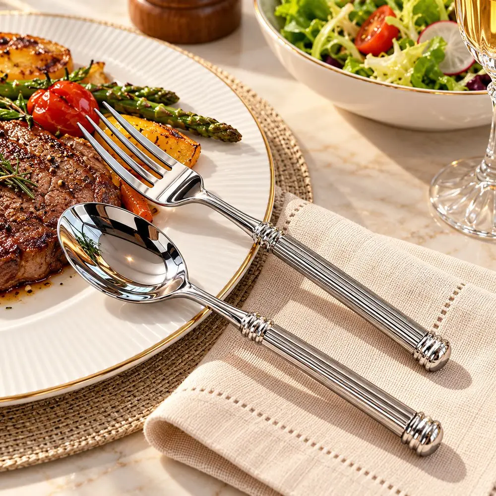 Stainless Steel Cutlery Flatware Set Thickened Mirror Polished Dinner Fork Silver Tone Roman Column Handle Teaspoon Western Food