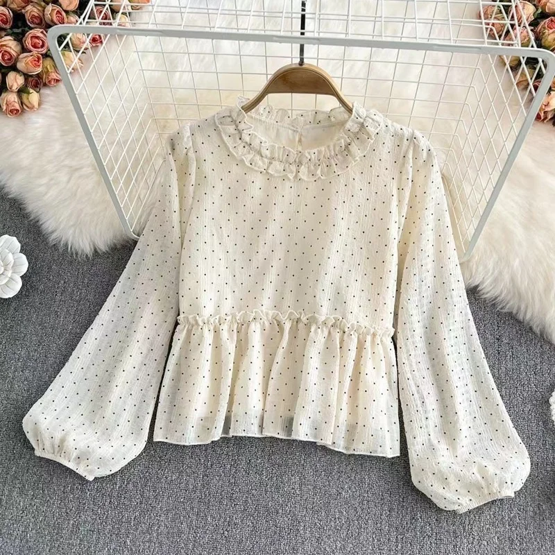 

Шикарная блузка в горошек с длинным рукавом в корейском стиле, с воротником-стойкой, уникальный дизайн, эффектная рубашка с отделкой