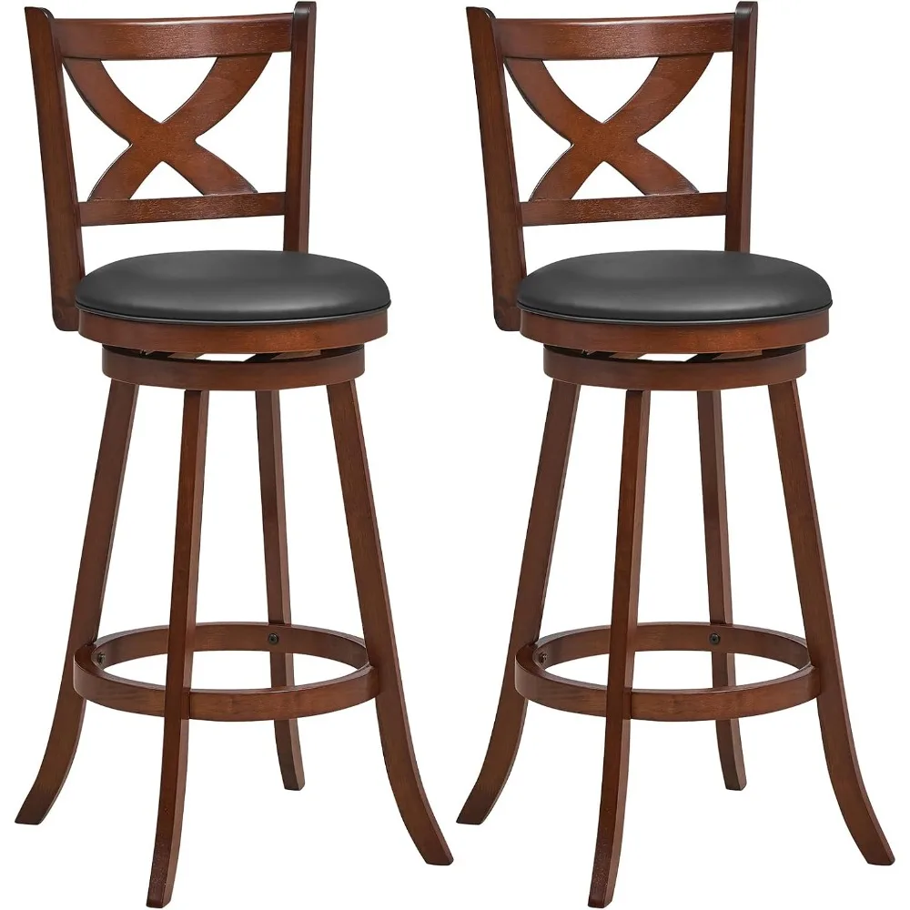 

30” Bar Stools Set of 2, 360° Swivel Counter Height Stools with Back, Solid Rubber Wood Frame, Leather Padded Seat, Vintage Uph