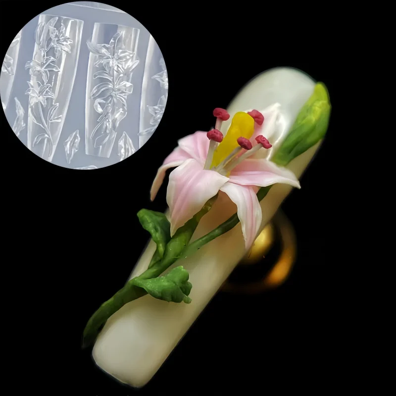 1 nail art lily flower carving mold, 7 * 4 cm, 3D relief ice flower silicone mold, suitable for DIY nail salon art&