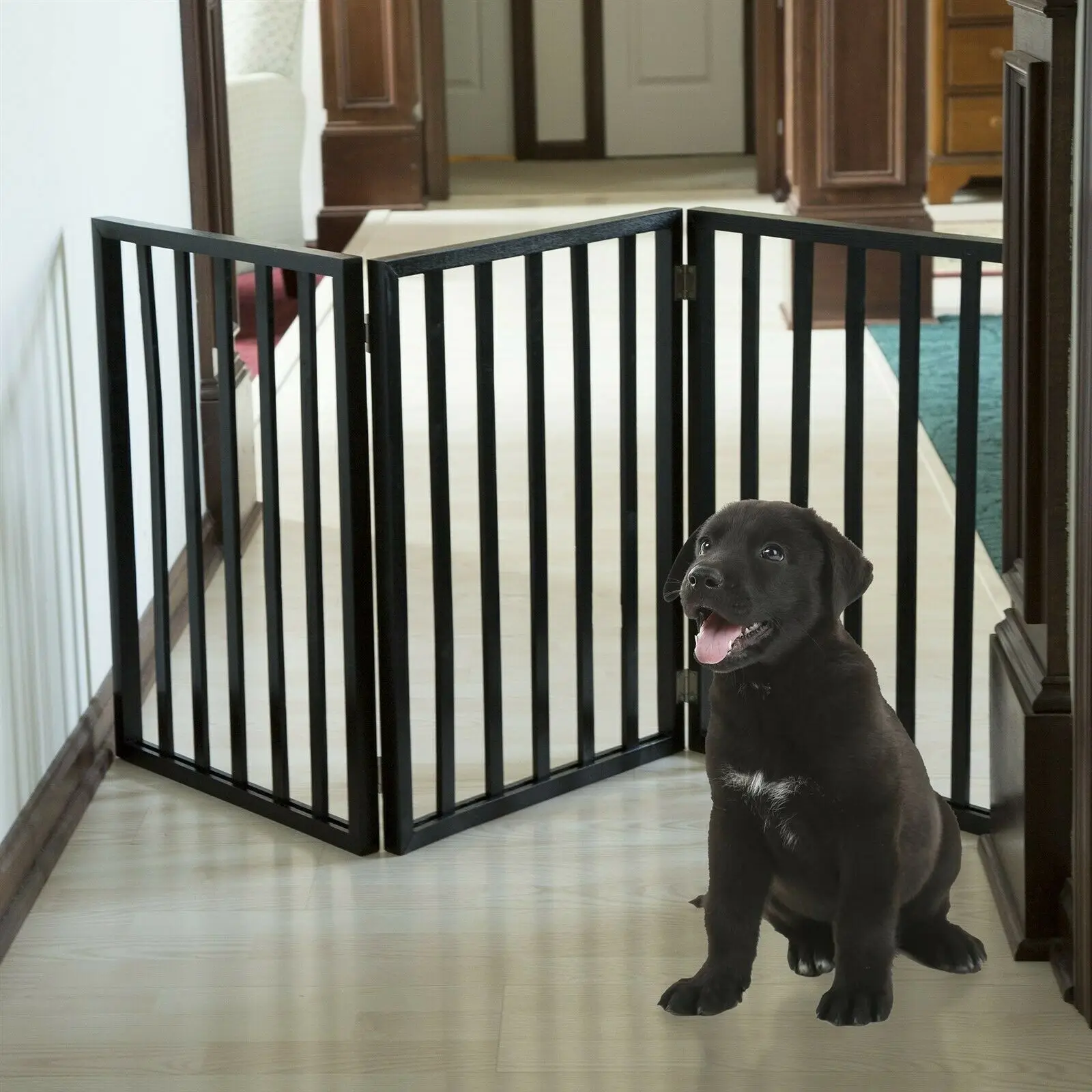 

3 Panel Dog Gate for Pets Wooden Pet Barrier Safety Divider Free Standing Room Divider Indoor Dog Fence Large Opening Wide Entry