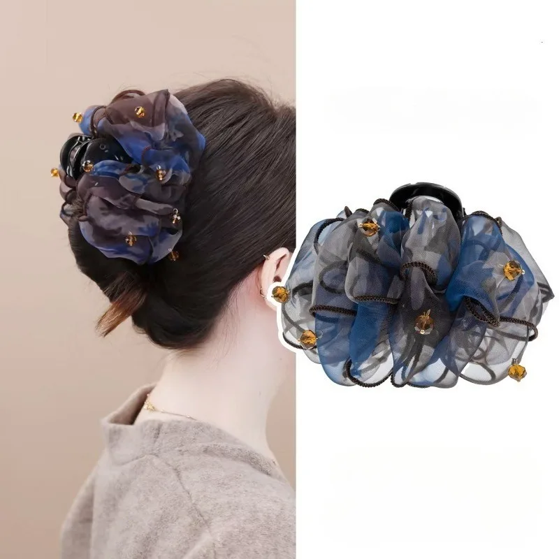 Hebe Style Gold Plated Mesh Bow Hair Claw Double Sided Rhinestone Heart Shark Clip Women Back Head Updo Fluffy Hair Accessories