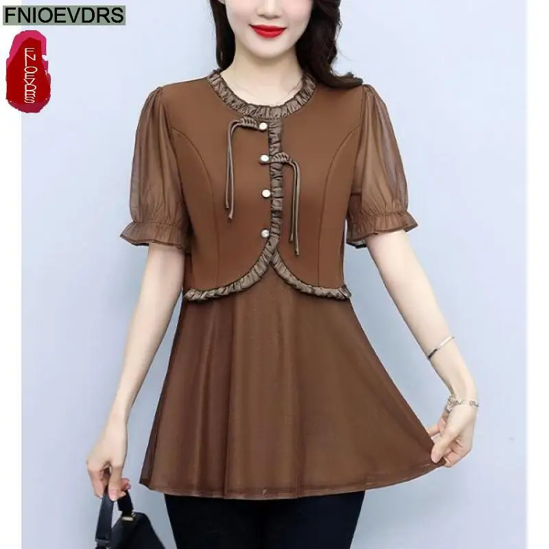 L-5XL Loose Clothes 2024 Summer Retro Button Tops Short Sleeve Women Tunic Office Lady Patchwork Ruffles Peplum Shirts Blouses