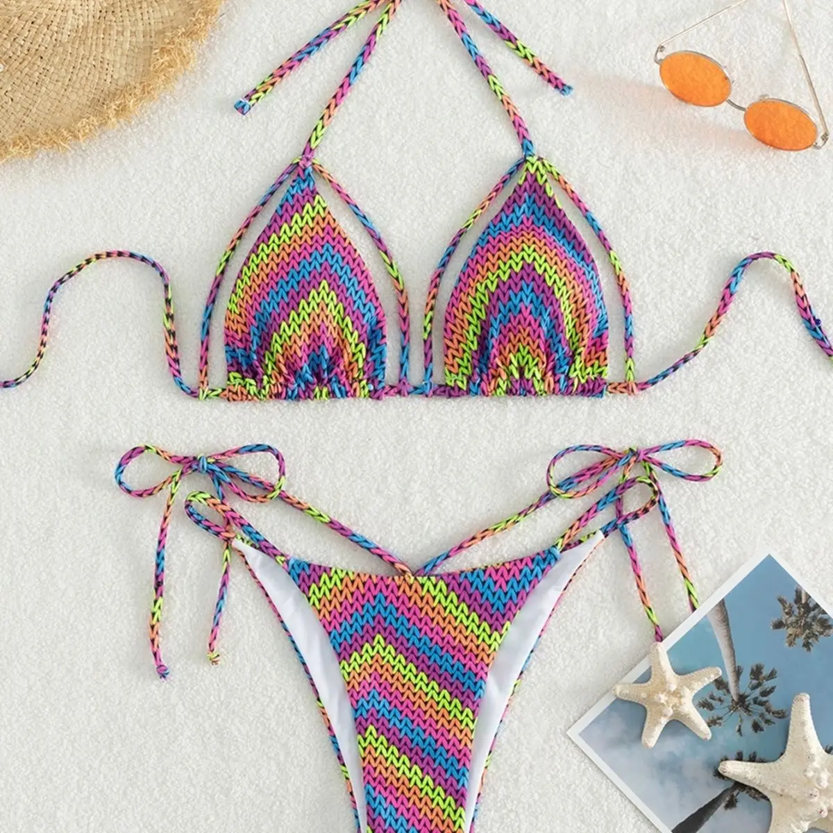 

2024 Special Print Fabric Bikini Set Women Sexy Simple Solid Halter Bikini Swimsuit High Waisted Lace Up Beach Bathing Suit