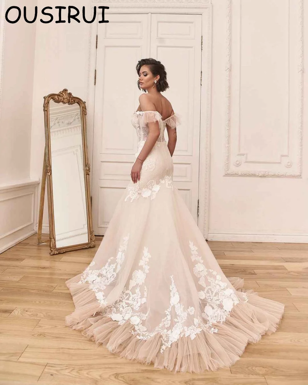 OUSIRbiomomis-Robe de mariée sirène en tulle, robe de mariée de luxe, robe de cour dos nu, vêtements de fête de mariage