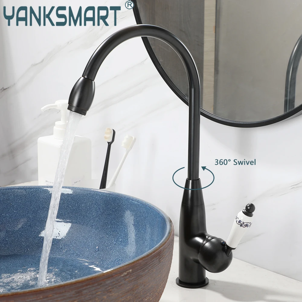 

YANKSMART Matte Black Bathroom Basin Faucet with Porcelain Ceramic Handle Cold and Hot Deck Mounted Sink Mixer Tap Torneira