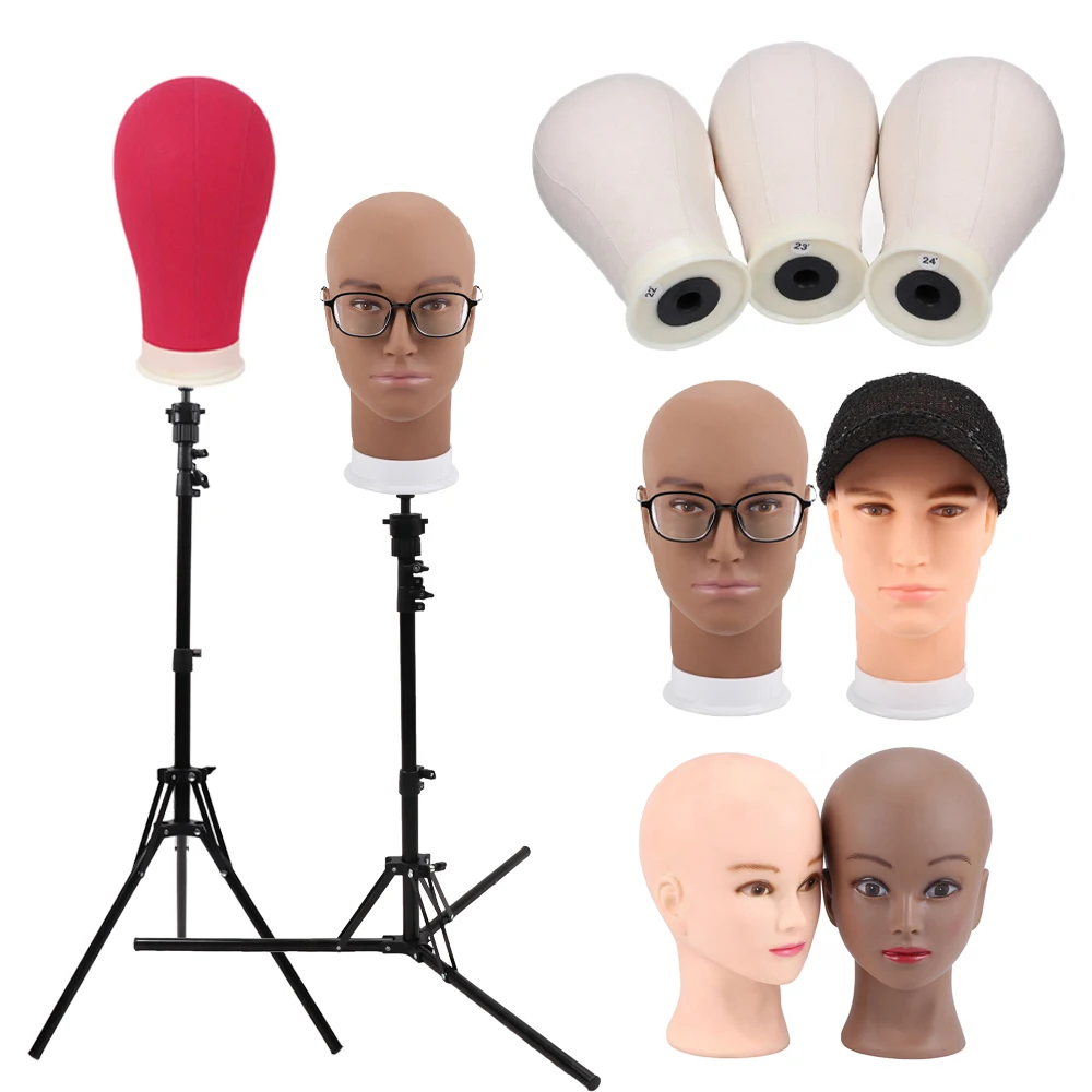 

Yajukai Foldable Wig Stand Tripod With 21-25Inch Canvas Head Black Male Bald Head Mannequin With Stand Wig Head Stand Tripod