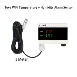 Sensor de temperatura e umidade Tuya WiFi, Termómetro, Termostato,-40 °C,-120 °C, com cabo externo, 1m, 3m, App Monitoramento Remoto