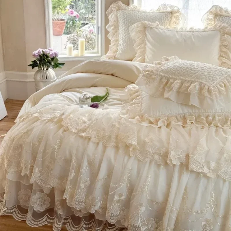 French Style Premium Feel Cotton Long-staple Cotton Four Piece Bed Cover Set Princess Style Lace Lace Duvet Cover Bedding