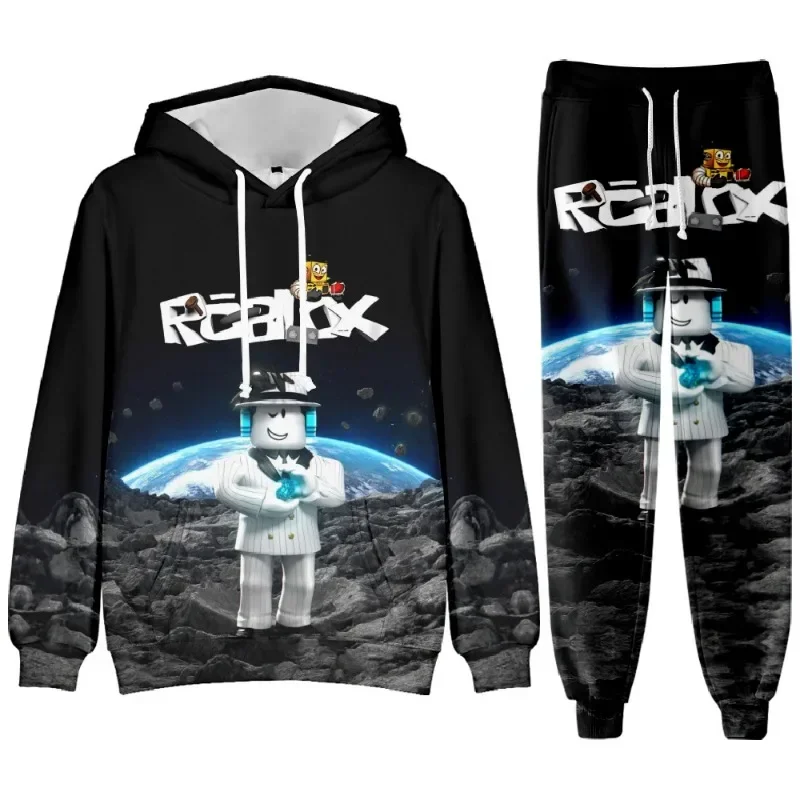 

Детский комплект с капюшоном и спортивными штанами с мультяшным принтом Roblox, повседневная весенне-осенняя одежда для мальчиков и девочек, студенческий подарок