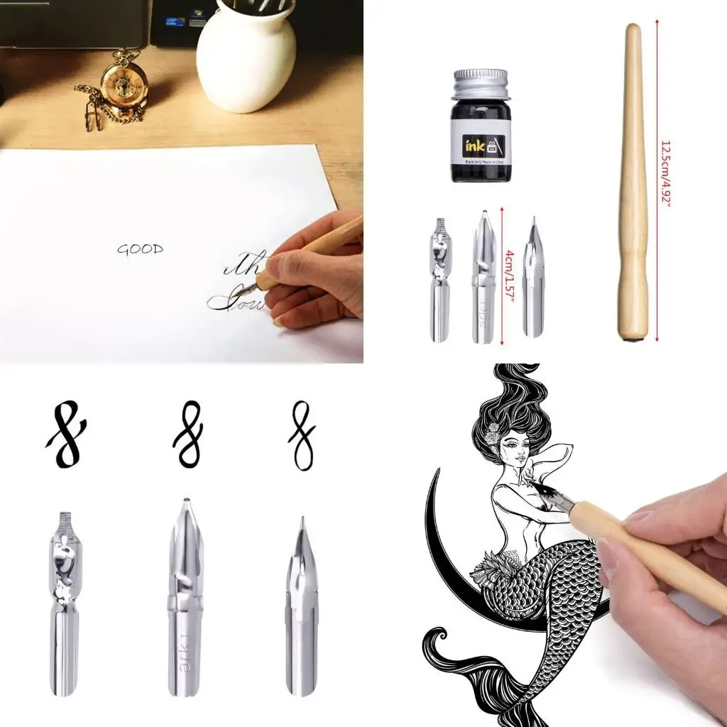 

Manga Dip Pen Set Comic Pro Drawing Kit 3 Nibs Wood Holder Ink Calligraphy Tools