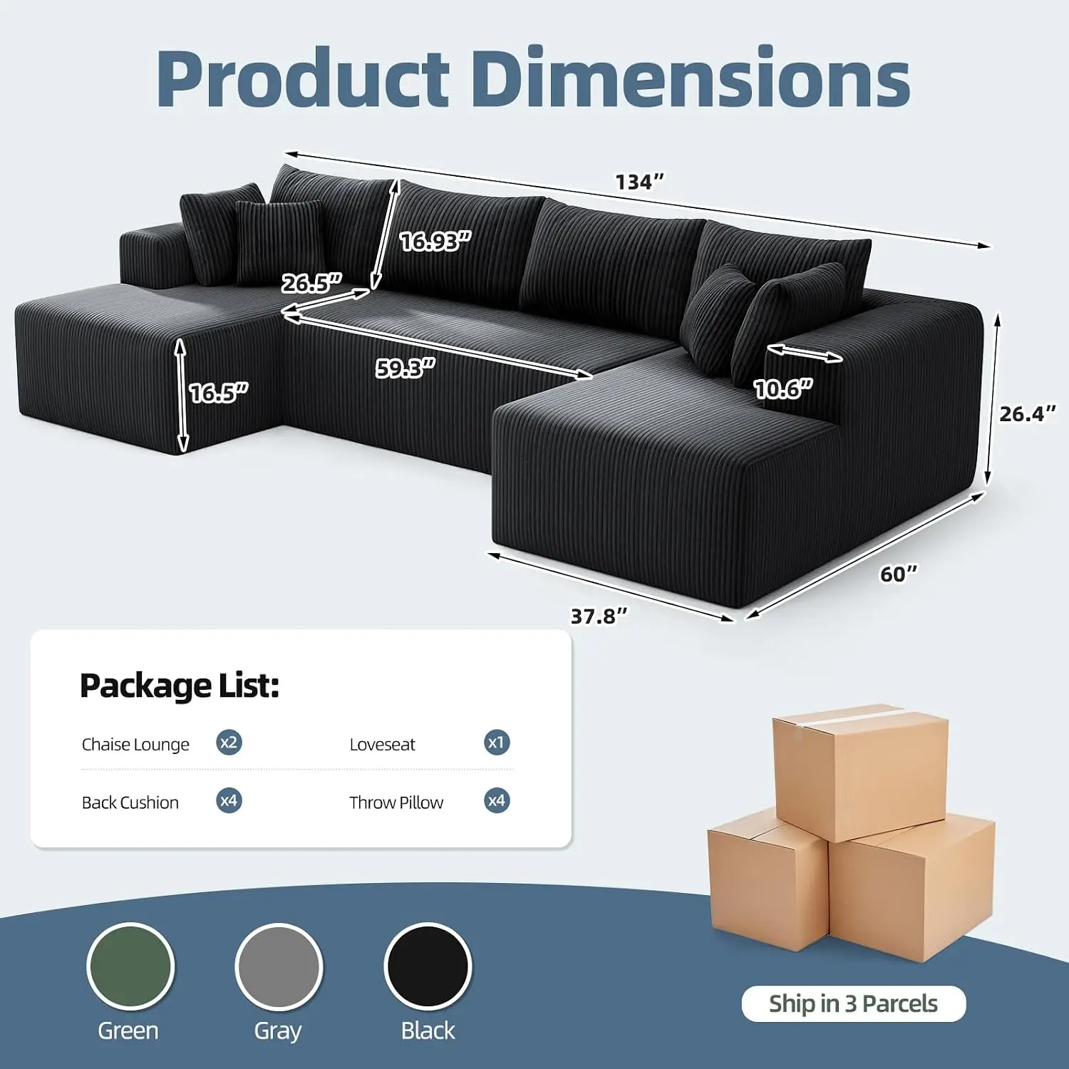 134'' U-Shaped Corduroy Sectional Sofa, Boneless Cloud Couch for Living Room, Customized