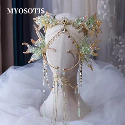 Light Green Mermaid Princess Hair Crown  Hanfu Ancient Forehead Decoration Super Fairy Bride Fly Wing Headdress Accessory