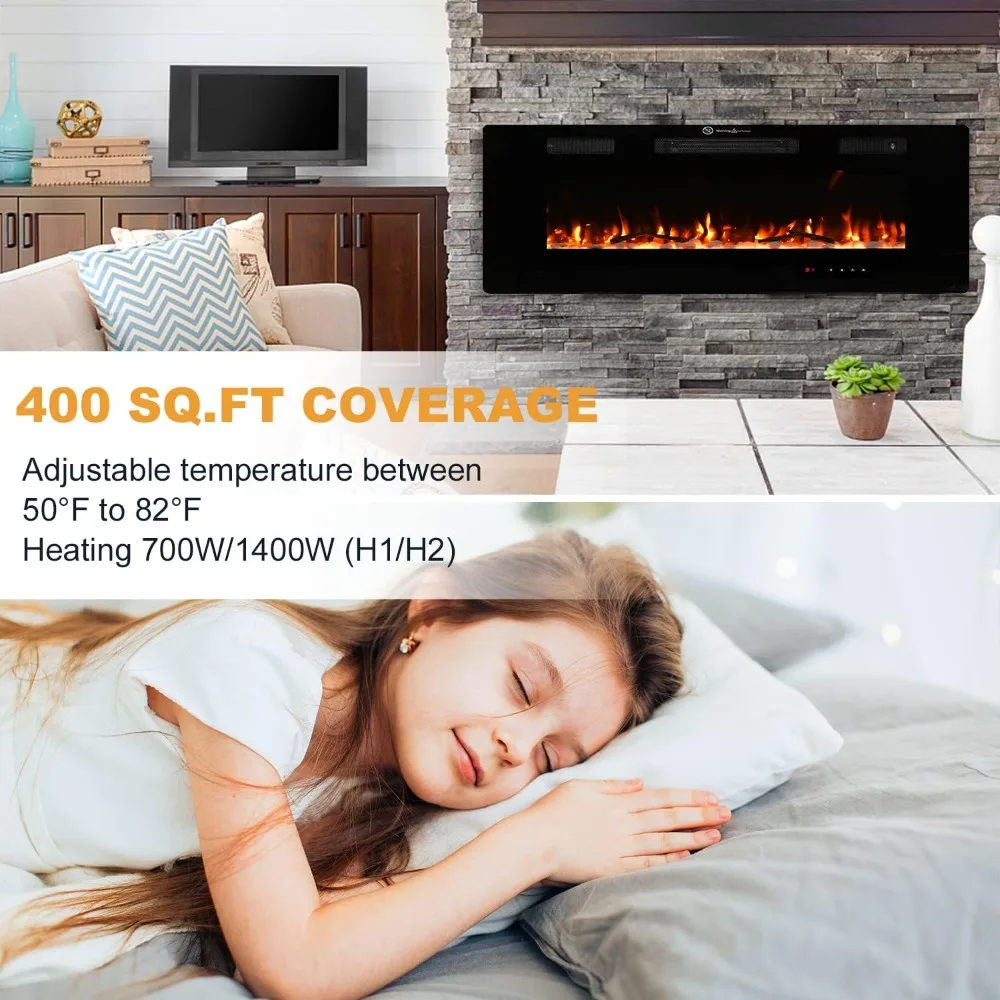 Electric Fireplace, 50 inch Recessed Wall Mounted Fire Place Heater with Remote Control Timer Adjustable Flame for Living Room