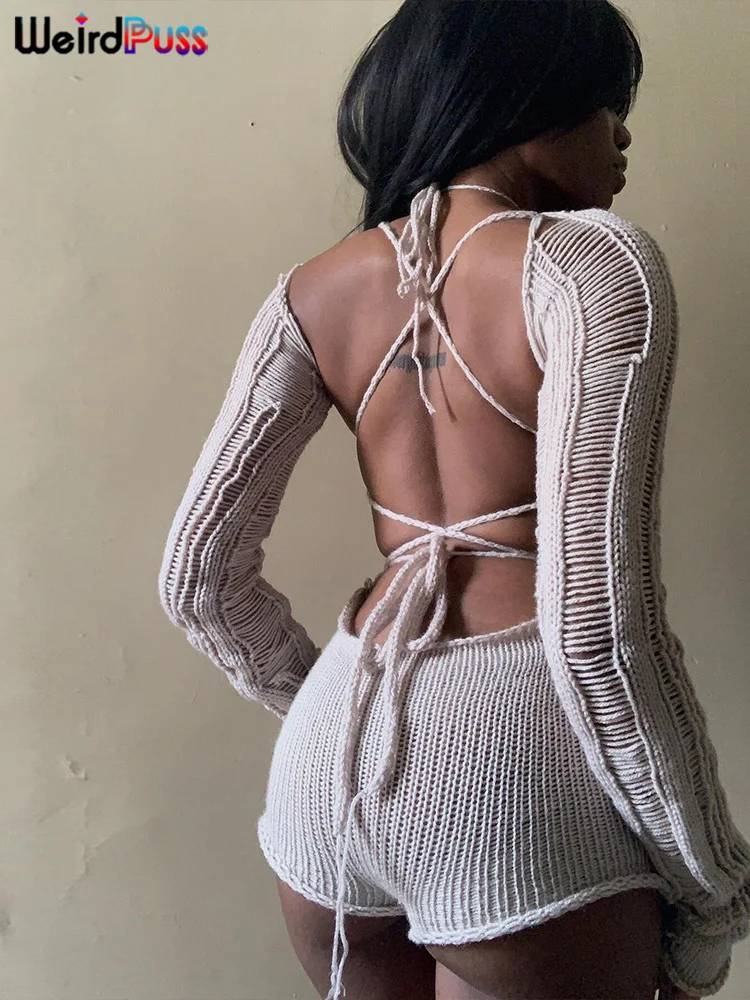 Weird Puss Knit Women Halter Romper Ripped Hole Backless Bandage Glove Playsuits Sexy Elastic See Through Tight Fit Streetwear