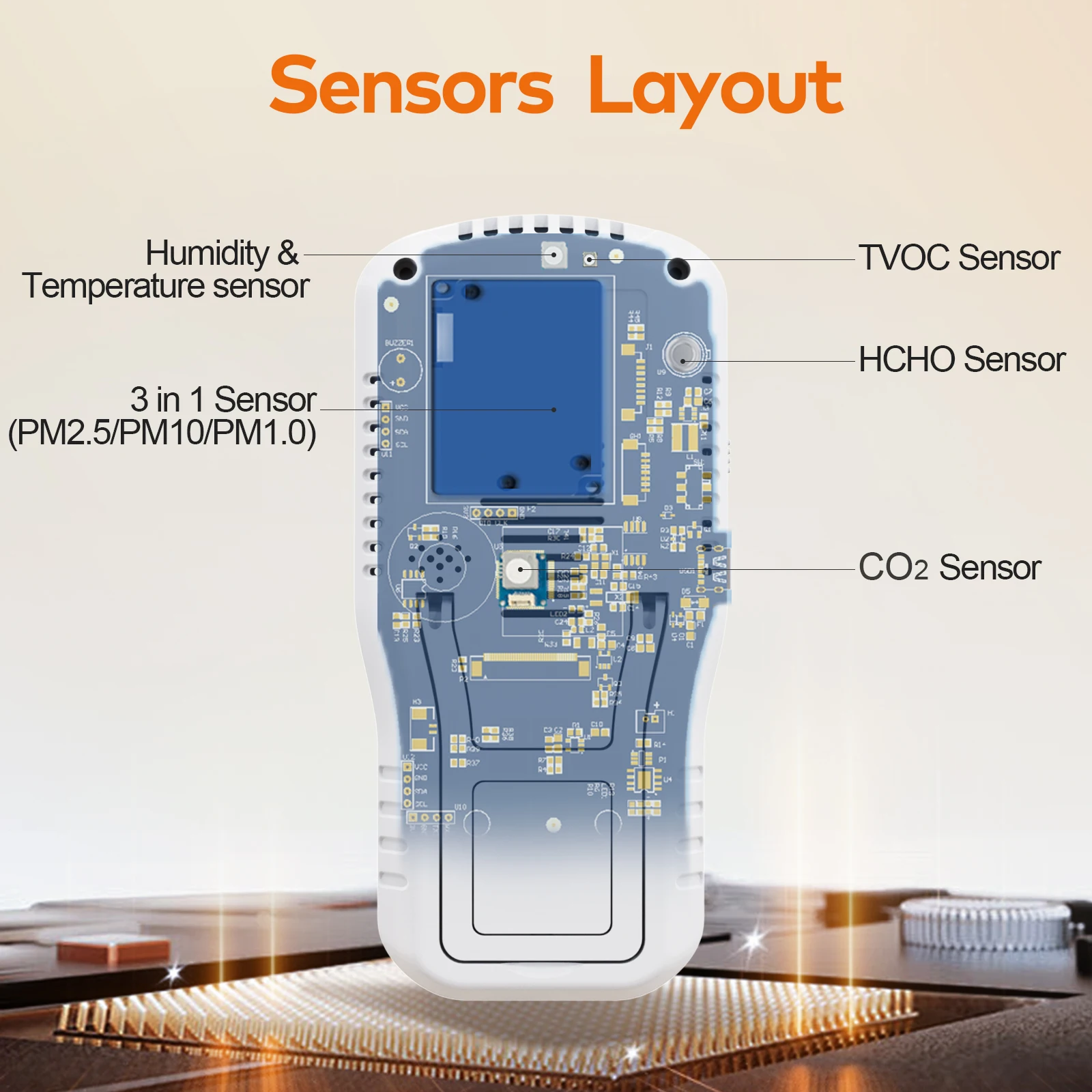 Air Quality Monitor 6‑in‑1 Detector HCHO TVOC CO2 PM2.5 PM10 PM1.0 Tester LCD Color Screen Voice Alarm Indoor Home Car Air Quality Detector view 6